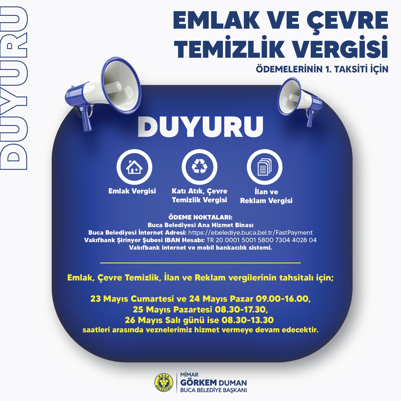 Emlak, Çevre Temizlik, İlan Reklam Vergileri ile Katı Atık Ödemeleri 2026 Yılı 1. Taksit Dönemi